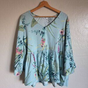 Kaktus Floral Flowy Linen Blend Top Blue Size L Tropical Wearable Art Artsy NEW